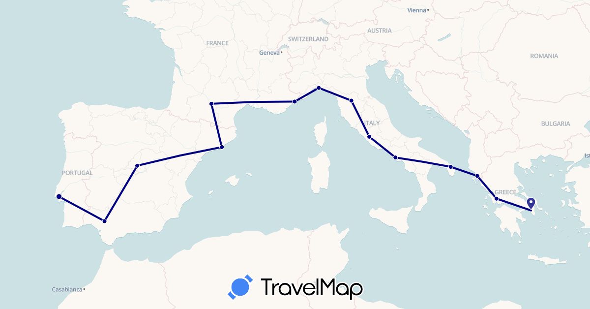 TravelMap itinerary: driving in Albania, Spain, France, Greece, Italy, Portugal (Europe)
